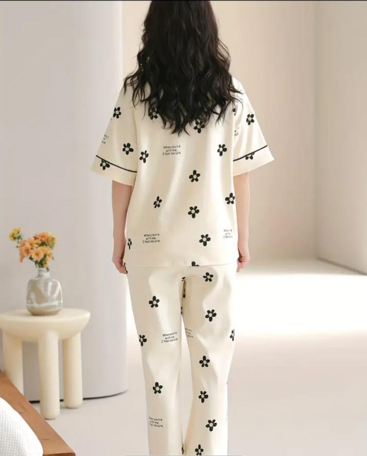 Off white Black all over flowers Print Half Sleeves Printed Night Suit