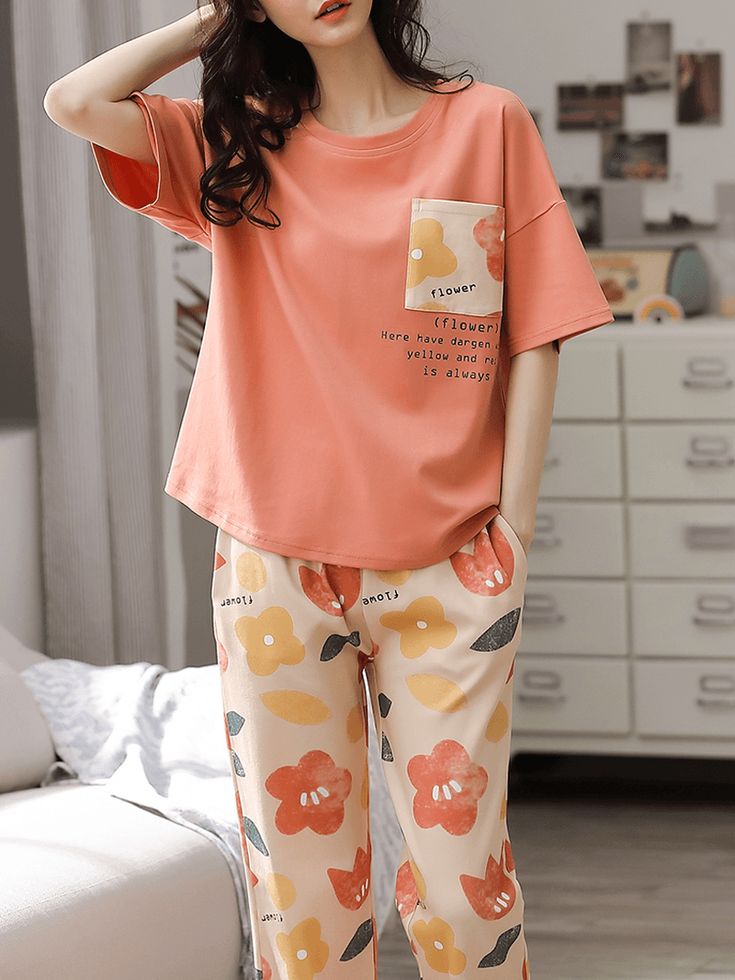 Pink Flower Pocket (NEW) Half Sleeves with Big flowers Printed pajama Night Suit