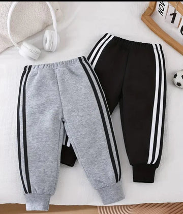 Pack of 2 White Stripes Fleece Trousers For Kids (RX-354) (Grey, Black)