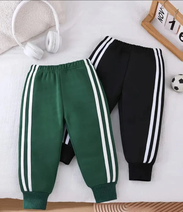 Pack of 2 White Stripes Fleece Trousers For Kids (RX-356) (Green, Black)