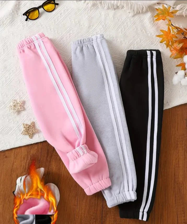 Pack of Three White Stripes Fleece Trousers For Kids (RX-352) (Black, Grey, Pink)