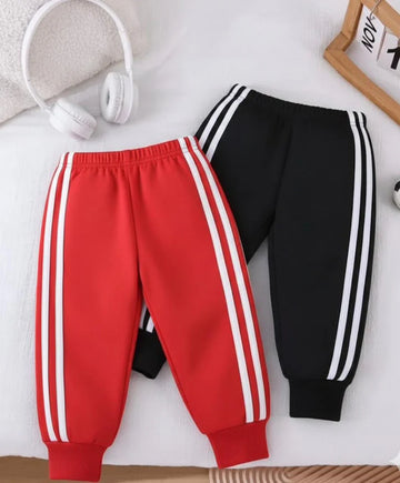 Pack of 2 White Stripes Fleece Trousers For Kids  (Black, red)