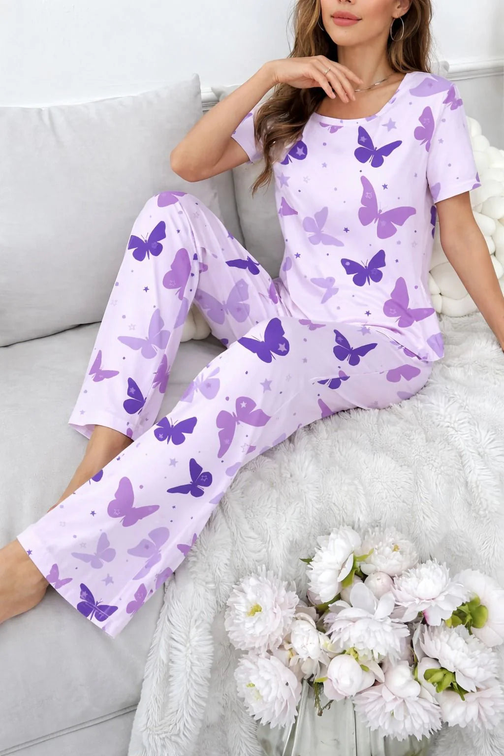 Purple All Over Butterflies Printed half sleeves night suit for her