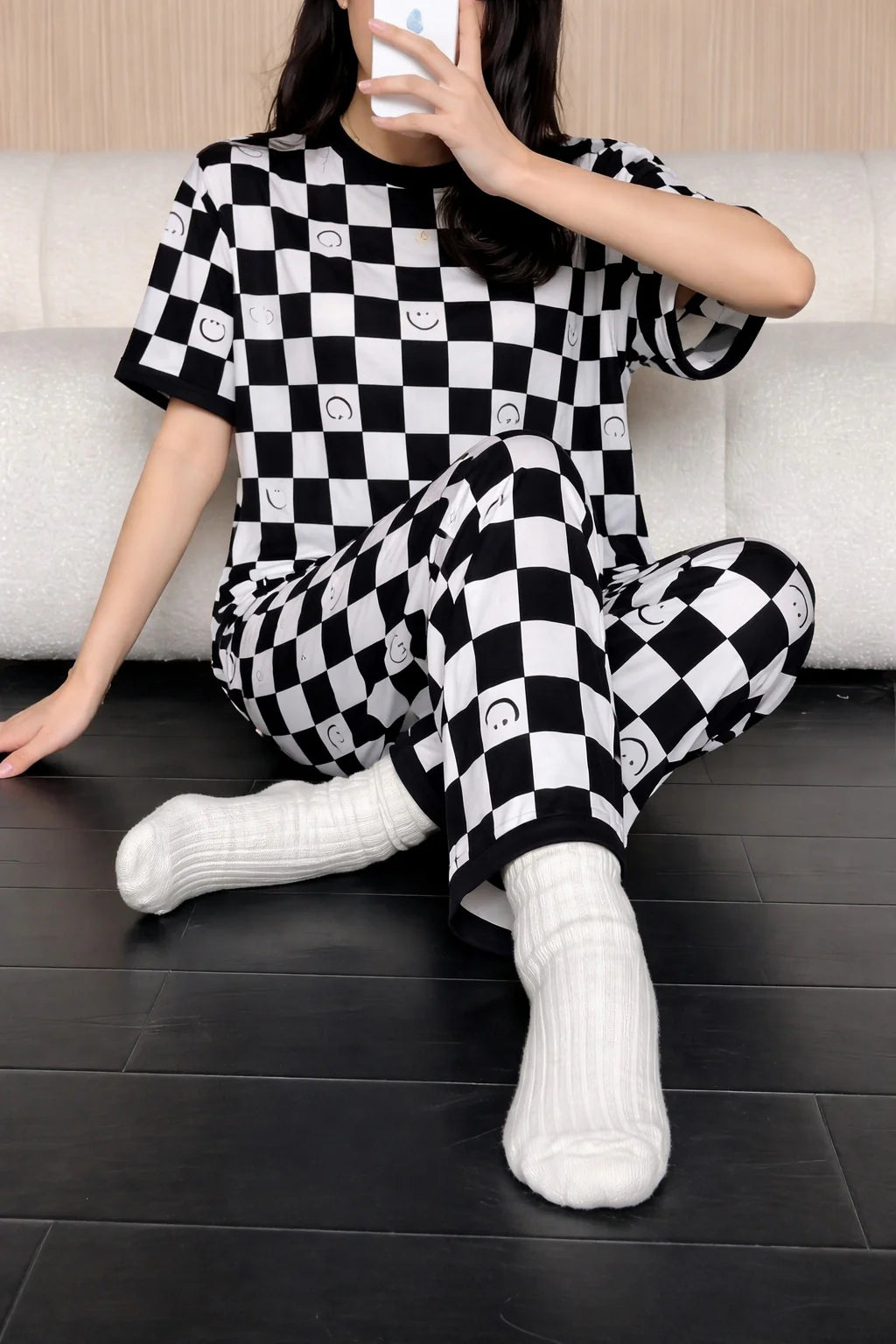 Black and White Check Smile Printed half sleeves night suit for her