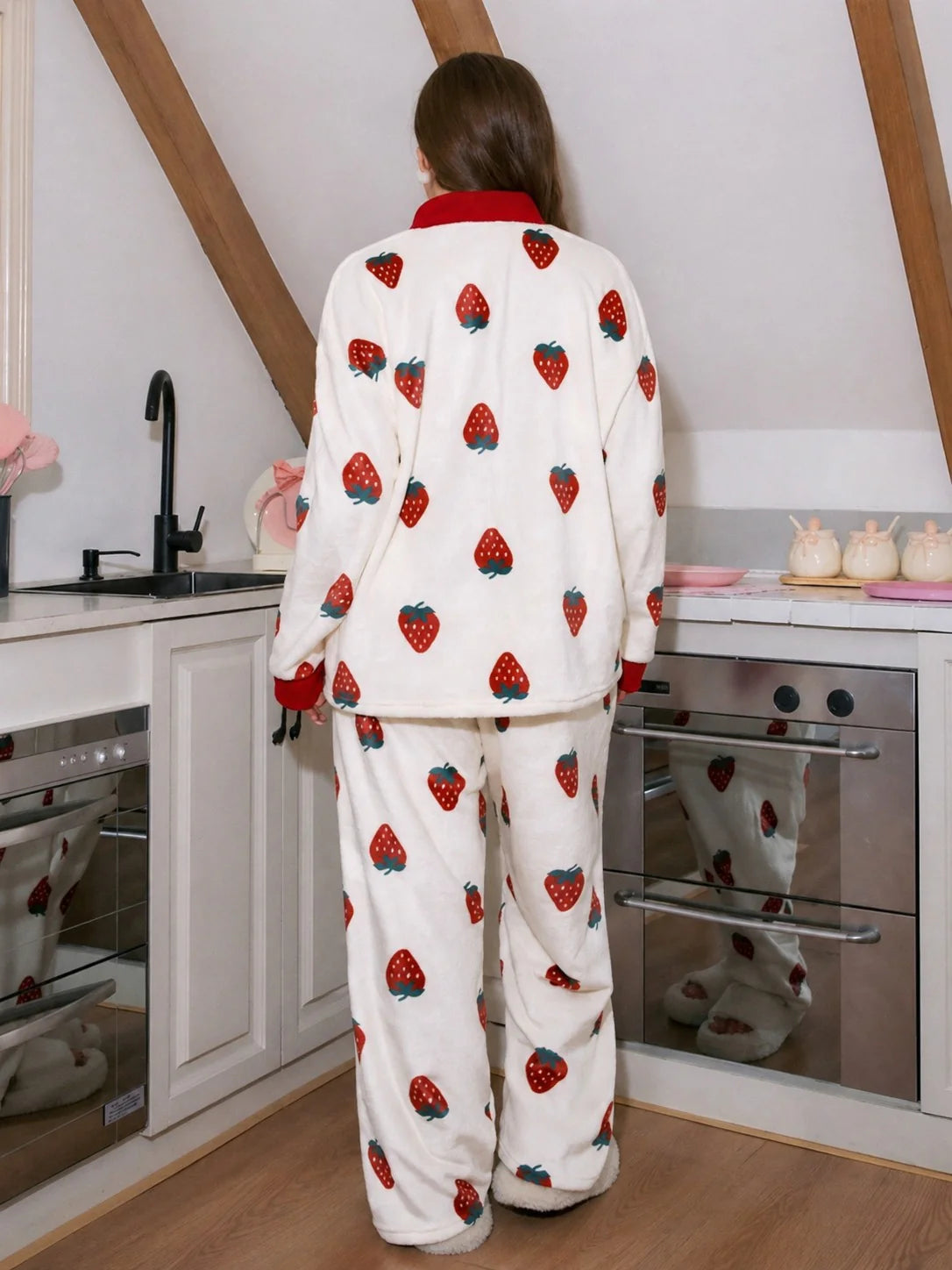 White With Red Strawberries Printed Button Style Night Suit For Her