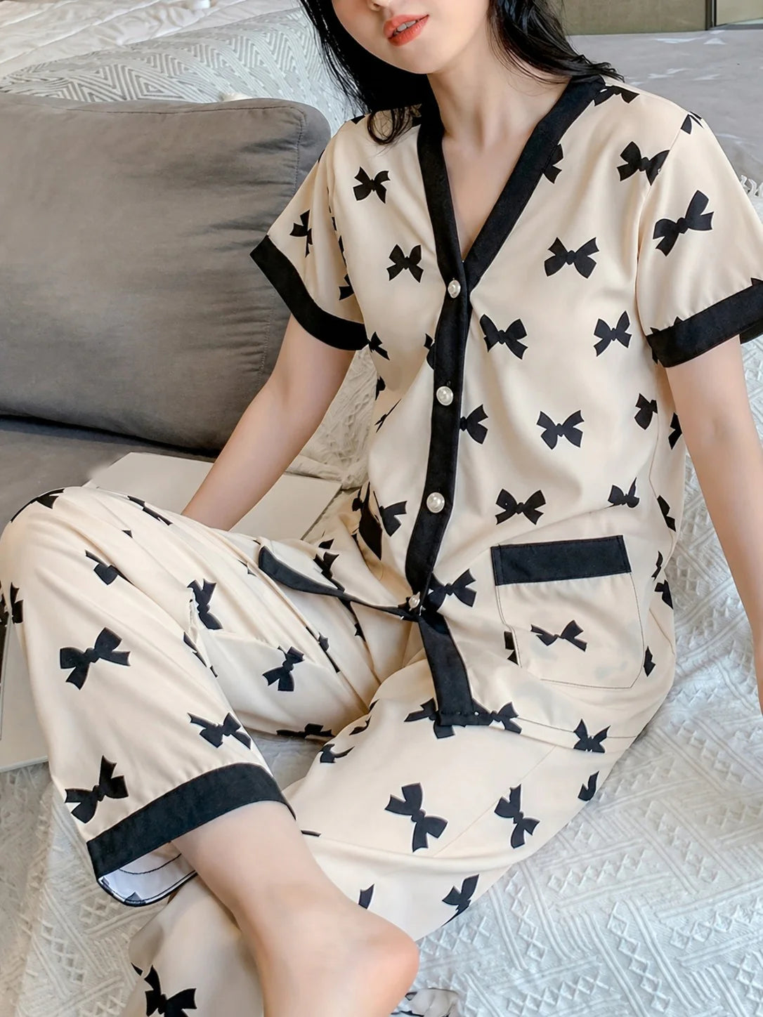 White With Black Bow Printed Button Style Night Suit For Her