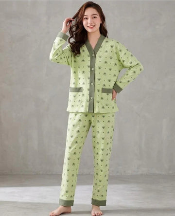Green All Over Hearts Printed Button Style Night Suit For Her