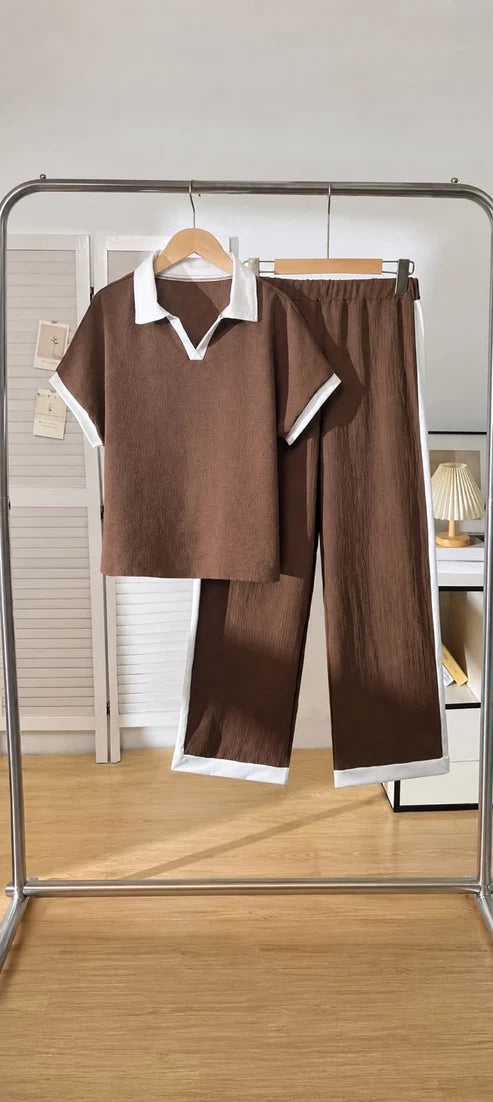 Brown With White Collar Co-Ord Set