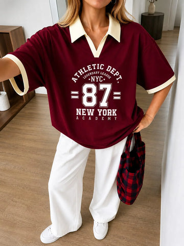 Maroon NYC Oversized Polo With White Baggy Trouser Set
