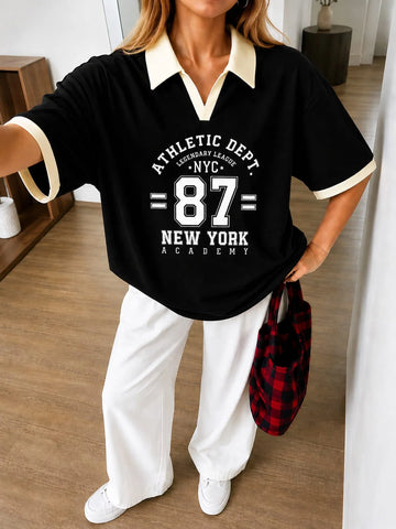 Black NYC Oversized Polo With White Baggy Trouser Set