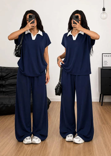 Navy Blue White Collar Co-Ord Set