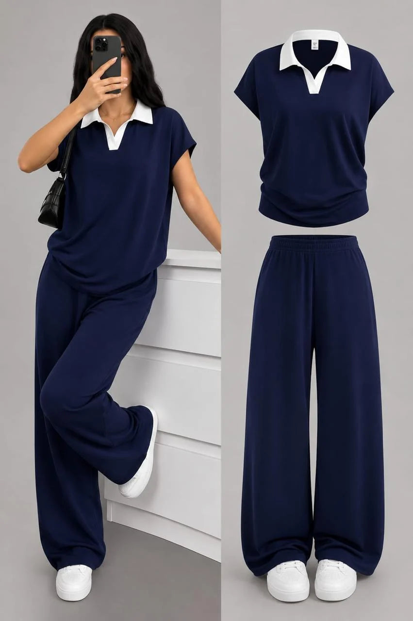 Navy Blue White Collar Co-Ord Set