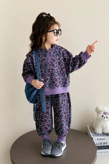 Purple Flowers Printed Half Zipper Kids Track Suit