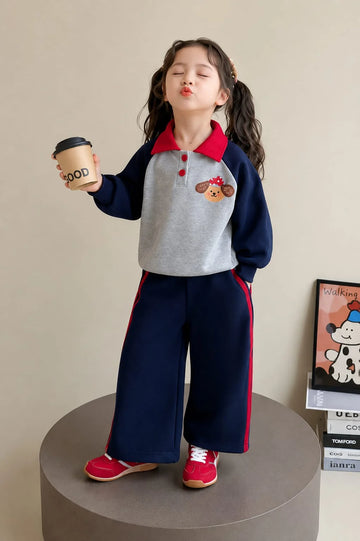 Grey And Navy Blue Cute Puppy Print Kids Track Suit