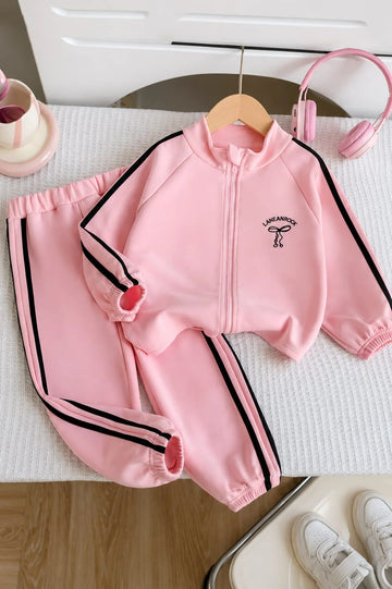Pink With Black Stripes Zipper Track Suit