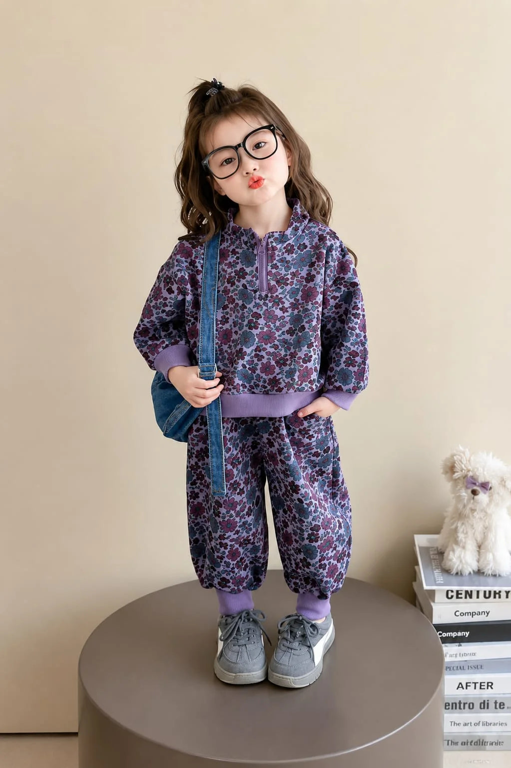 Purple Flowers Printed Half Zipper Kids Track Suit