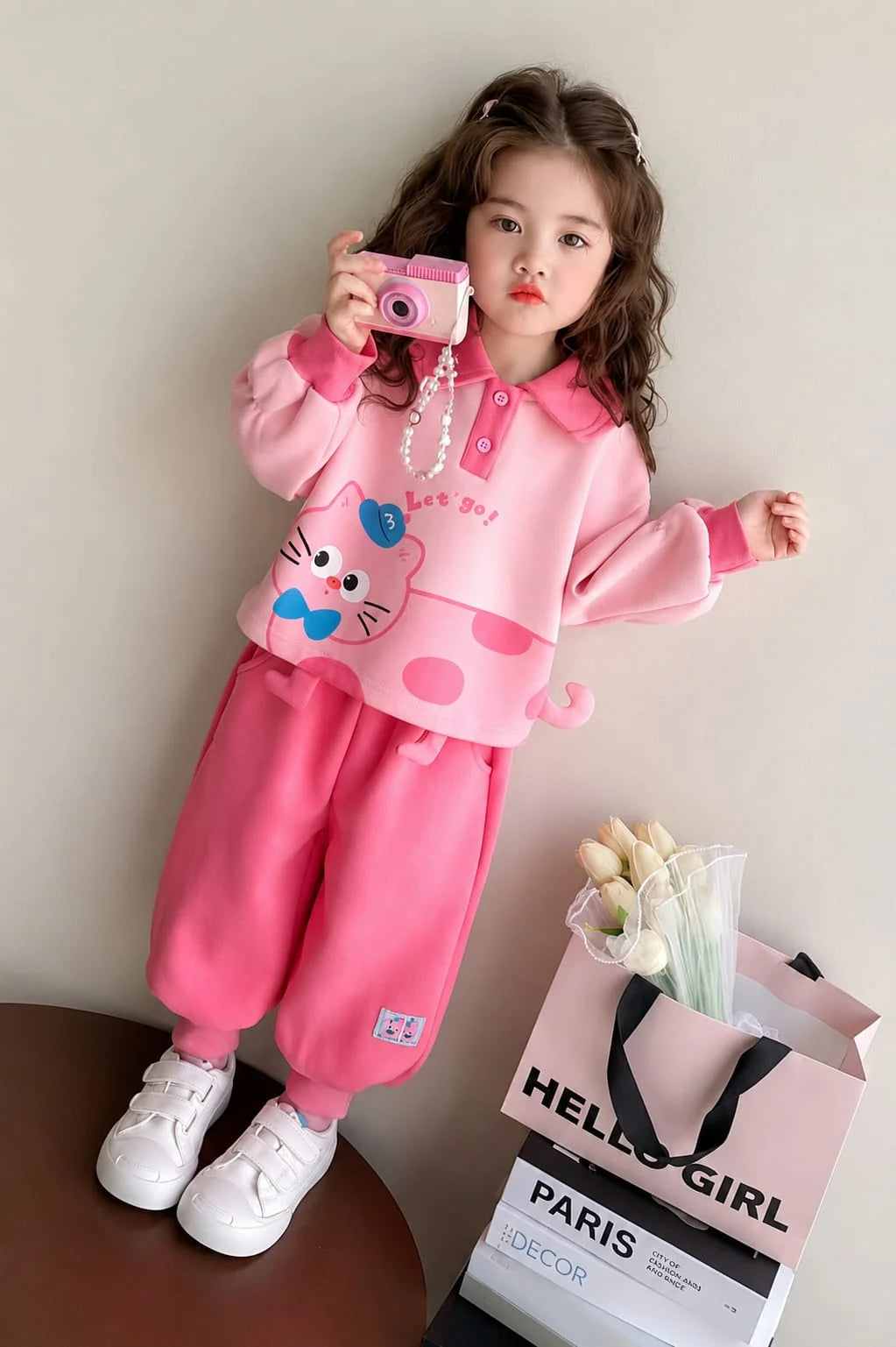 Pink Cute Kitty Lets Go Printed Kids Track Suit