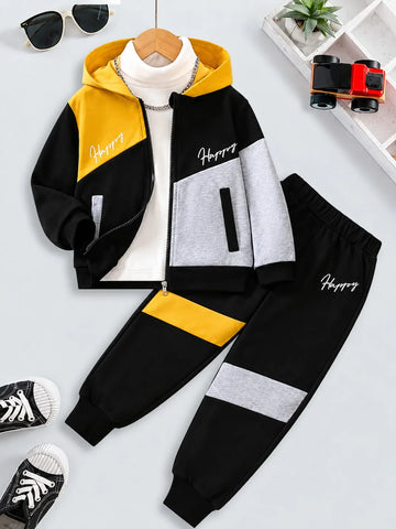 Yellow, Black With Grey Panels Happy Printed Zipper Kids Track Suit