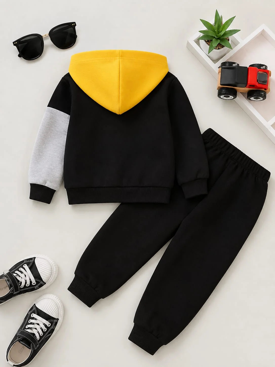 Yellow, Black With Grey Panels Happy Printed Zipper Kids Track Suit