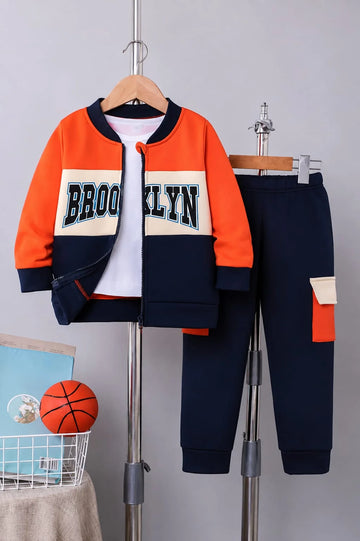 Orange Brooklyn Printed Zipper Kids Track Suit