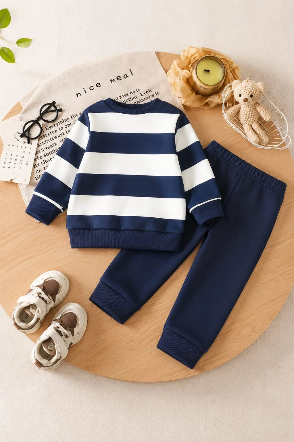 Blue And White Stripes Bear Printed Kids Track Suit