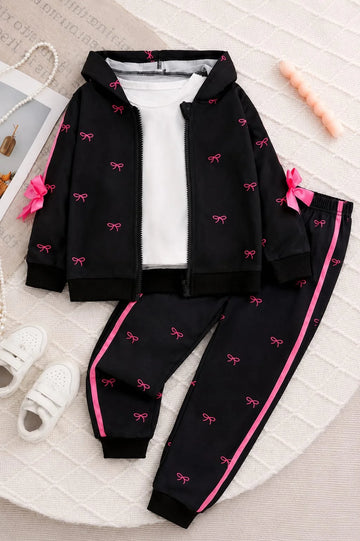 Black With Pink Bow Printed Zipper Track Suit