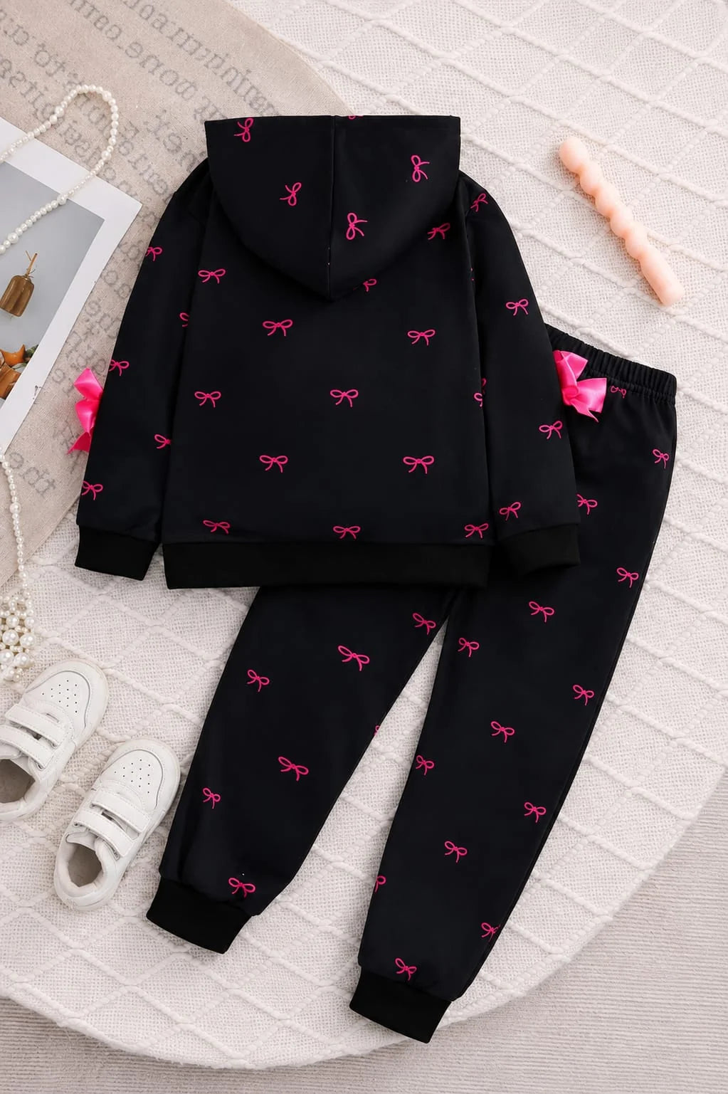 Black With Pink Bow Printed Zipper Track Suit