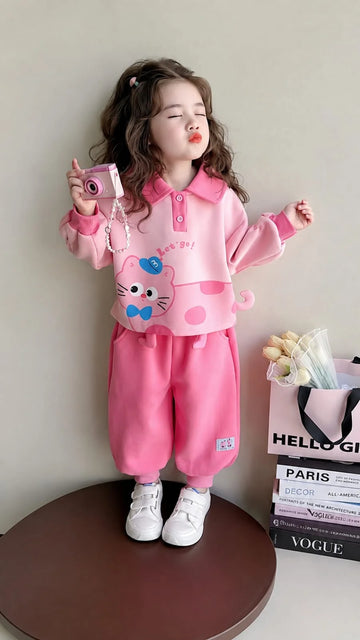 Pink Cute Kitty Lets Go Printed Kids Track Suit