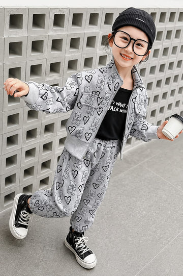 Grey Cute Bear And Hearts Printed Zipper Track Suit