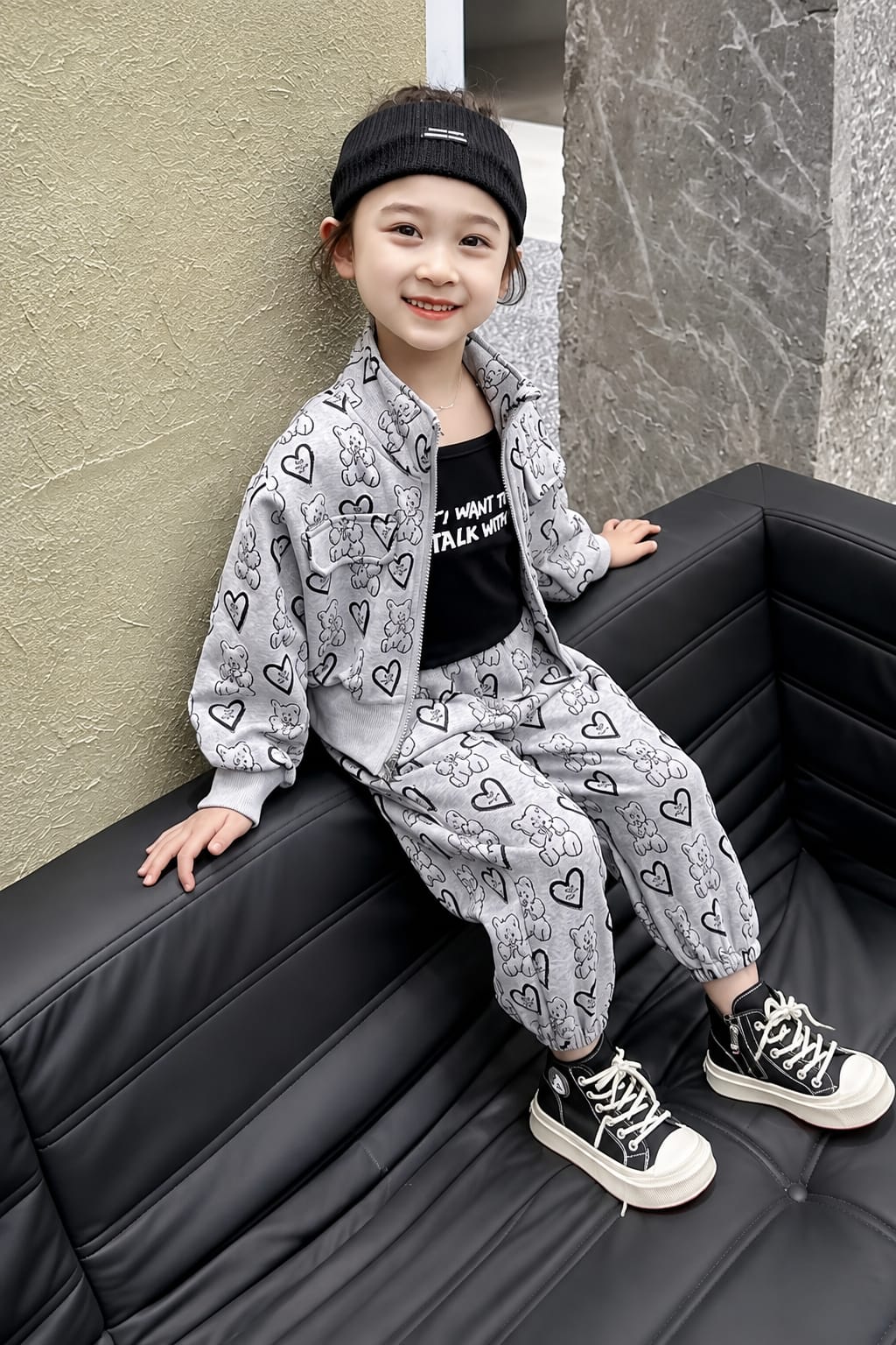 Grey Cute Bear And Hearts Printed Zipper Track Suit