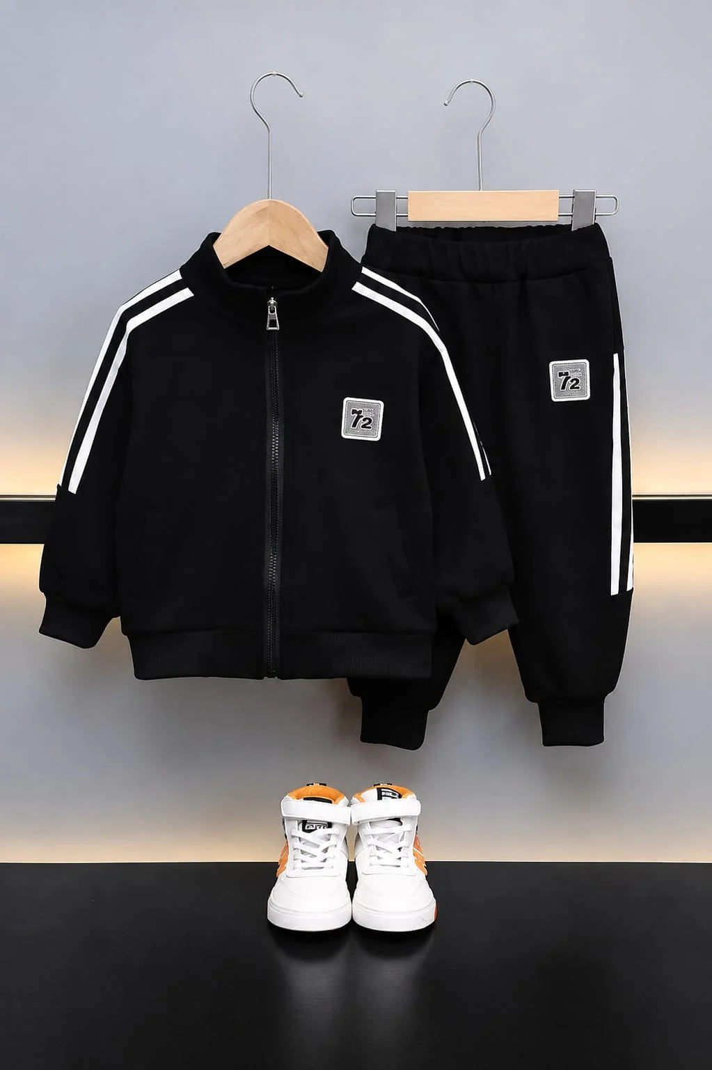 Black With White Stripes 72 Print Zipper Track Suit