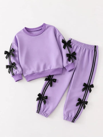 Purple With Black Bow Kids Track Suit