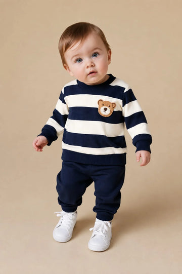 Blue And White Stripes Bear Printed Kids Track Suit