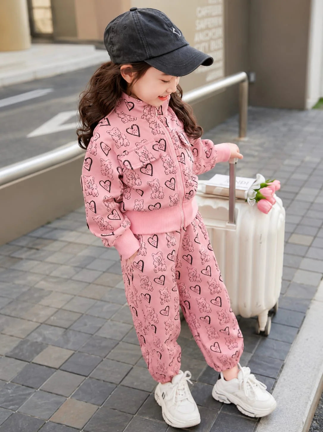 Pink Cute Bear And Hearts Printed Zipper Track Suit