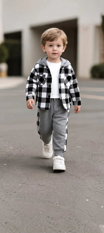 Grey And Black Check Button Down Kids Track Suit