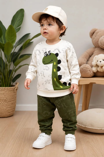 Off White With Green Dinasour Kids Track Suit