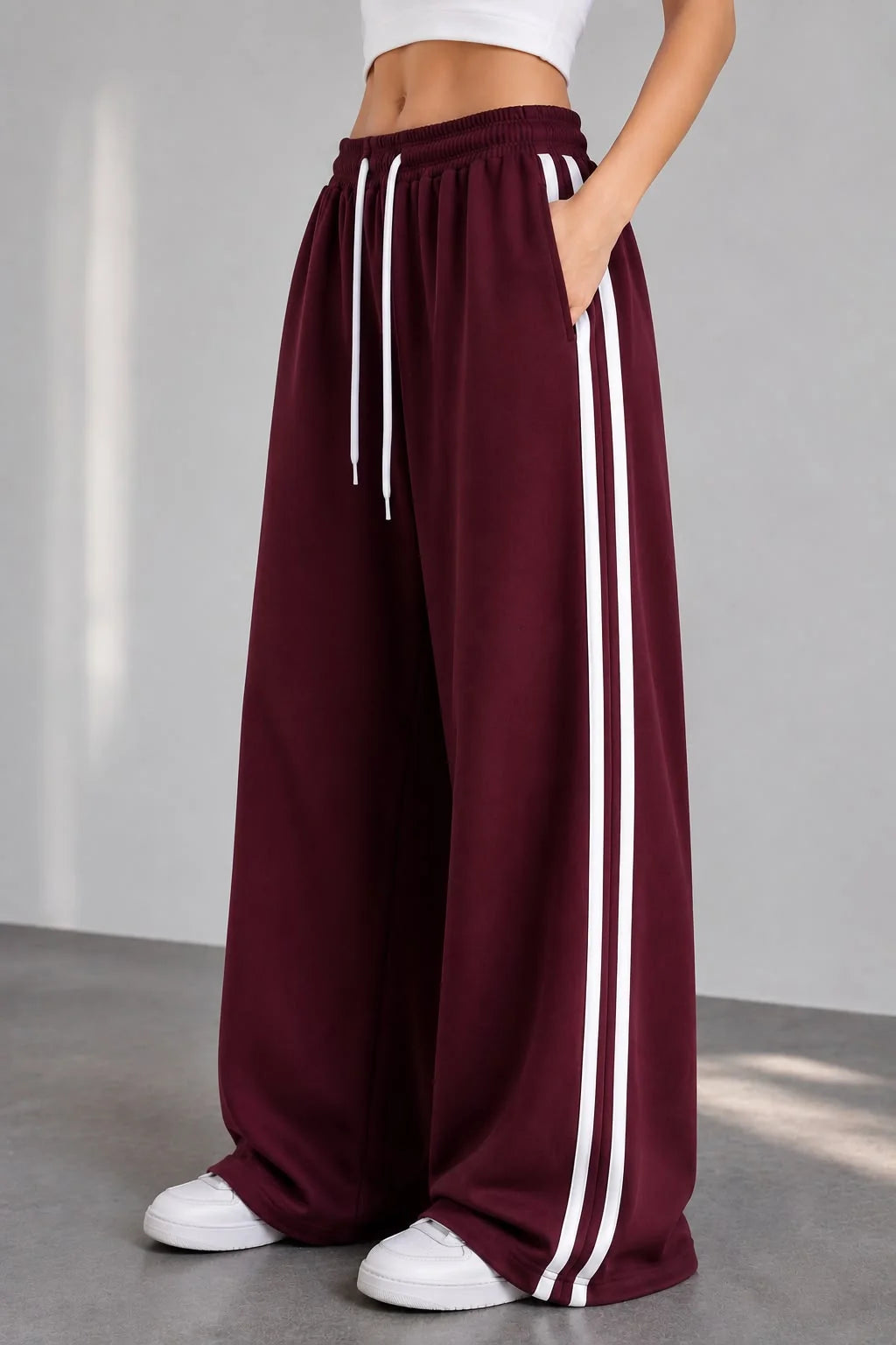 Maroon White Stripes Terry Baggy Trousers for her