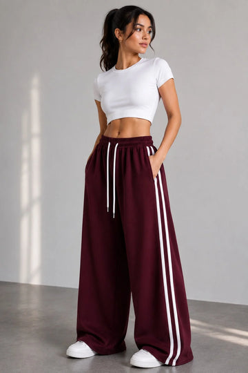 Maroon White Stripes Terry Baggy Trousers for her