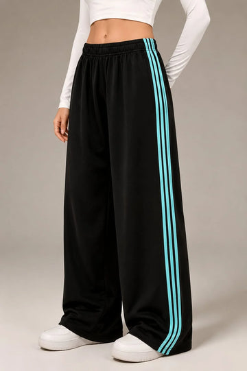 Black With 3 Blue Stripes Wide Leg Baggy terry Trouser for her