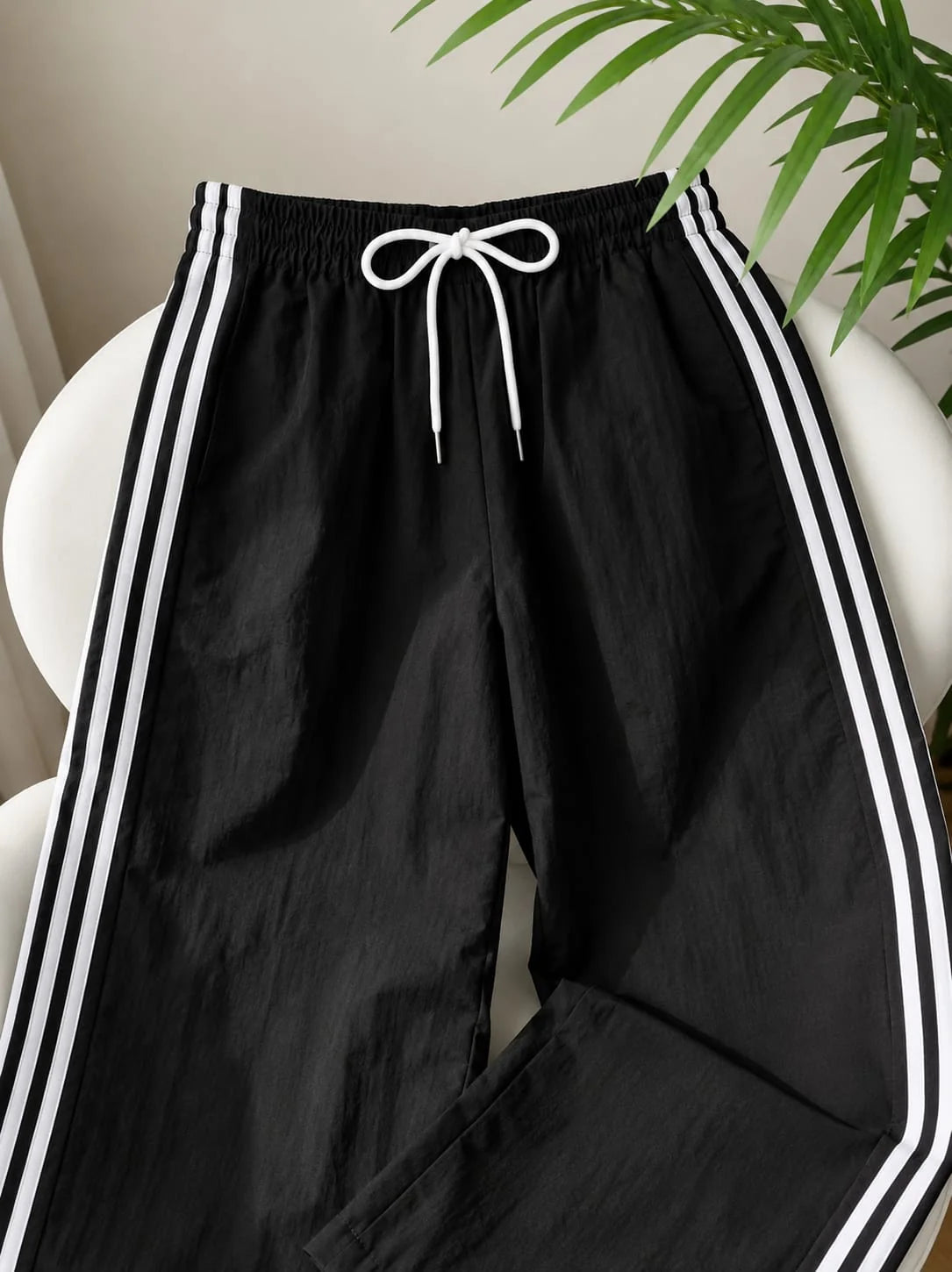 Black With 3 White Stripes Wide Leg Baggy Terry Trouser for her