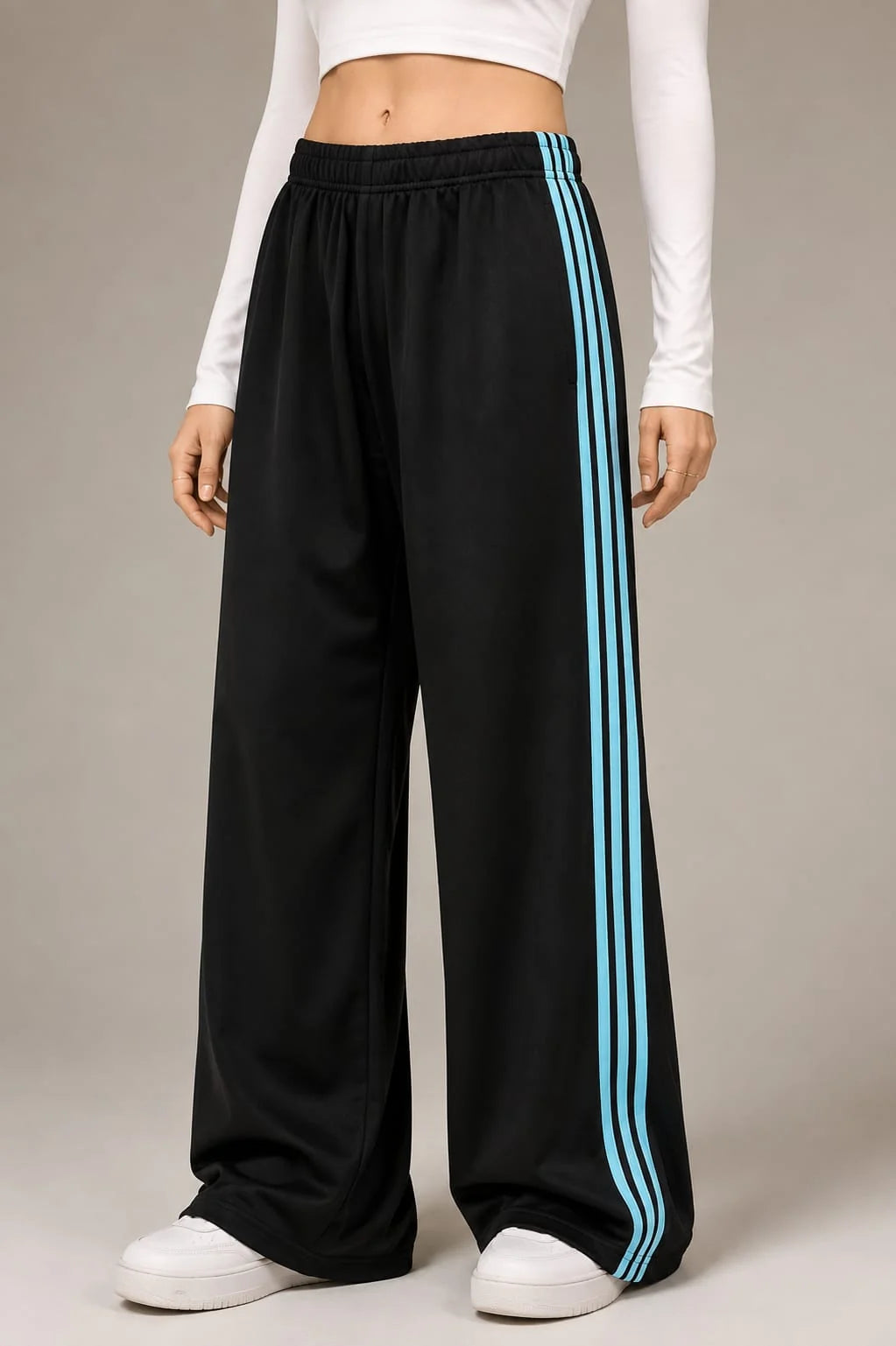Black With 3 Blue Stripes Wide Leg Baggy terry Trouser for her