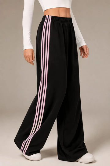 Black With 4 Pink Stripes Wide Leg Baggy Terry Trouser for her