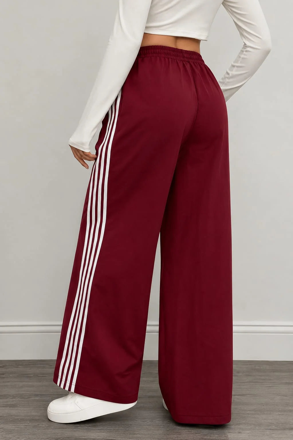 Maroon With 4 White Stripes Wide Leg Baggy Terry Trouser for her