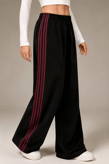 Black With 4 Maroon Stripes Wide Leg Baggy Terry Trouser for her