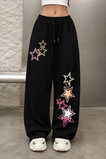 Black With Multi Color Stars Wide Leg Baggy Terry Trouser for her