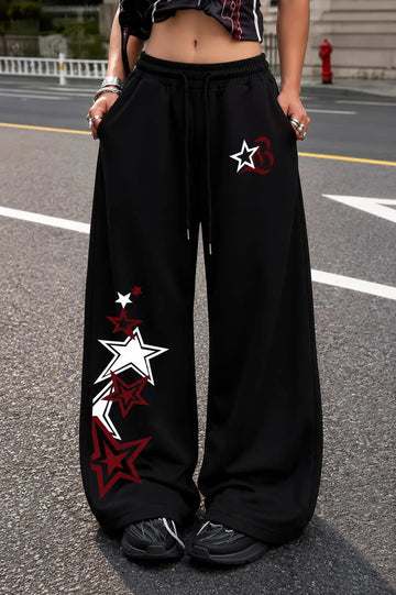 Black With Red And White Stars Wide Leg Baggy Terry Trouser for her (RX-569)