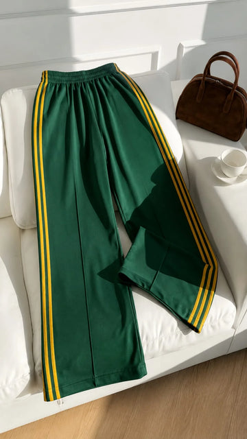 Green With 4 Yellow Stripes Wide Leg Baggy Terry Trouser for her