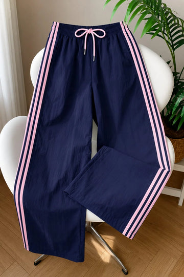 Navy Blue With 3 Pink Stripes Wide Leg Baggy Terry Trouser for her