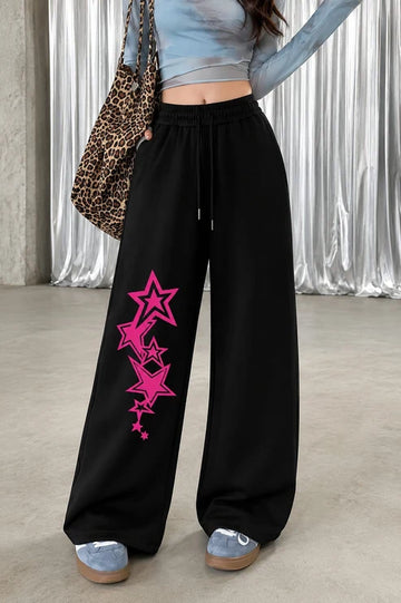 Black Shocking Pink Stars Wide Leg Baggy Terry Trouser for her