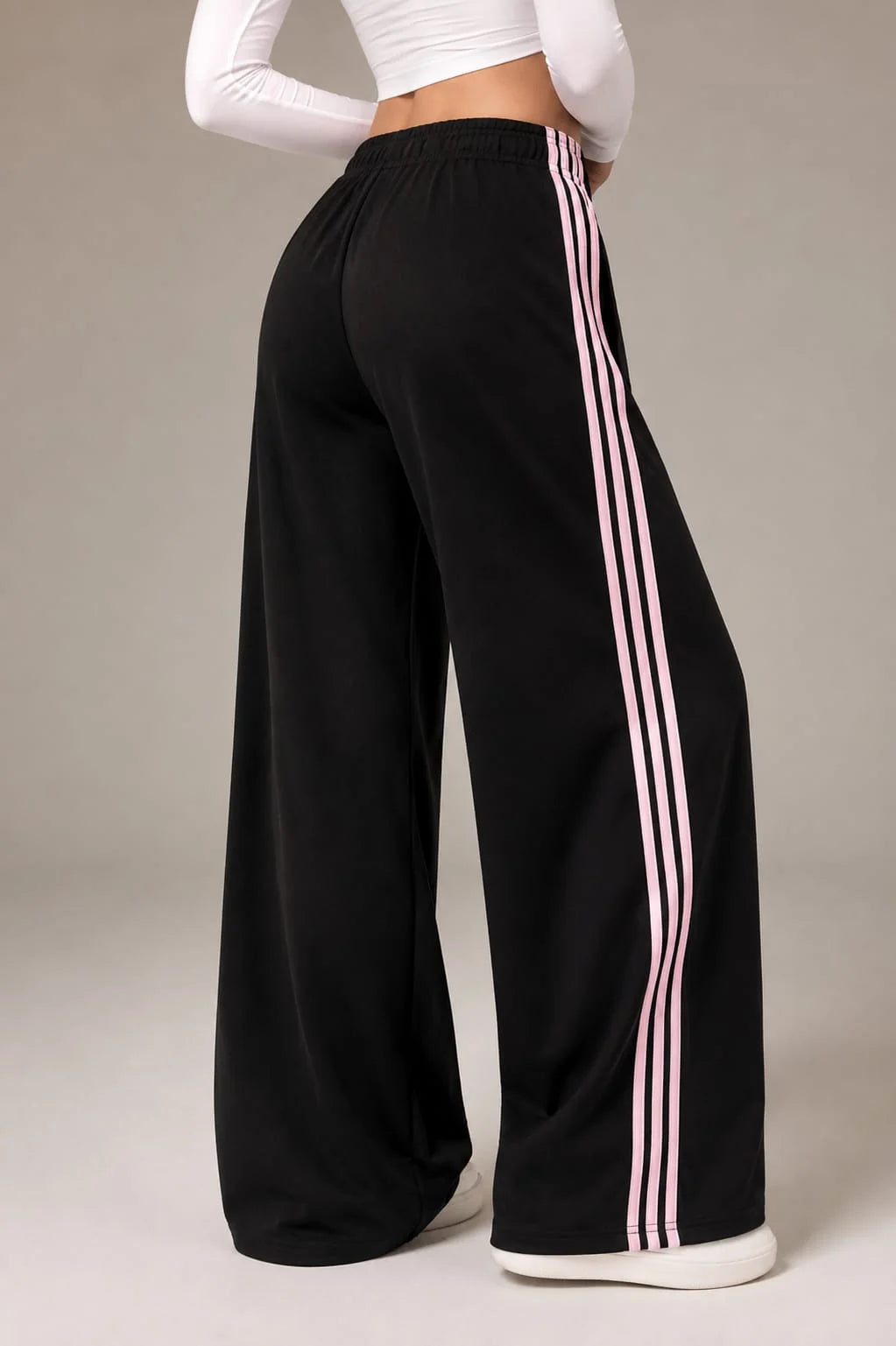 Black With 4 Pink Stripes Wide Leg Baggy Terry Trouser for her